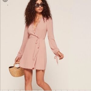 Reformation Pink Ruffle Mini Wrap Dress Long Sleeves Feminine Cottagecore Large